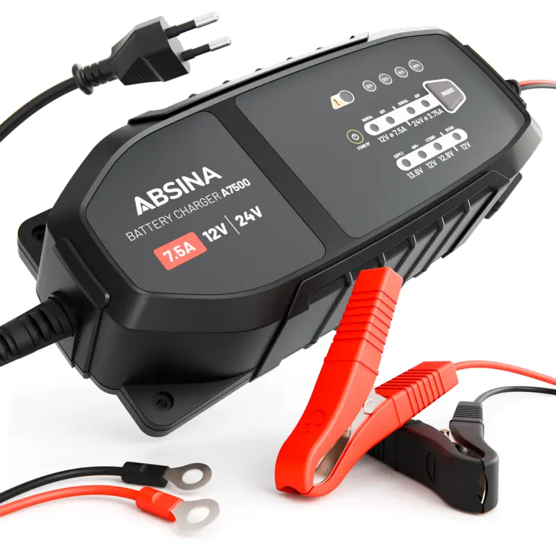 Garantierte Lieferung Absina vollautomatisches 10-Stufen-Ladegerät A7500 mit einstellbarem Ladestrom für Fahrzeuge 12 V / 24 V / 3,75 - 7,5 A