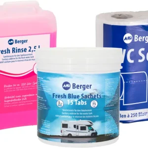 Neu Berger Sanitär Set 3-teilig inkl. Fresh Blue Sachets + Fresh Rinse 2,5 l + WC Soft Toilettenpapier